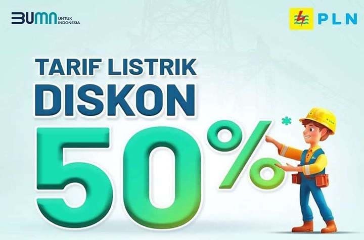 Ilustrasi digital yang menampilkan meteran listrik dengan tanda diskon besar berwarna kuning dan latar belakang biru muda